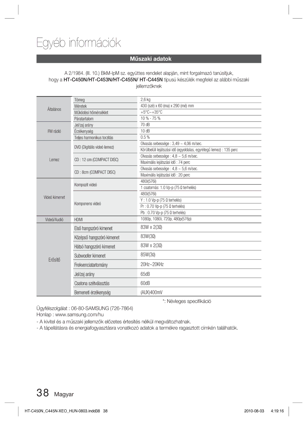 Samsung HT-C445N/EDC manual Műszaki adatok, Első hangszóró kimenet 83W x 23Ω, 83W3Ω, Hátsó hangszóró kimenet 83W x 23Ω 