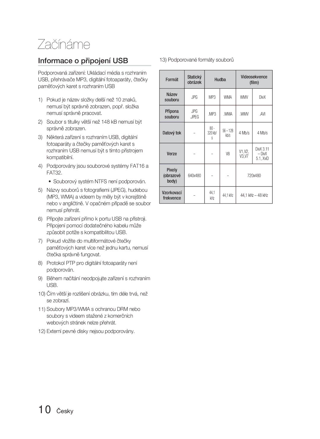 Samsung HT-C450N/EDC, HT-C453N/EDC manual Informace o připojení USB, 10 Česky, Formát Statický Hudba 