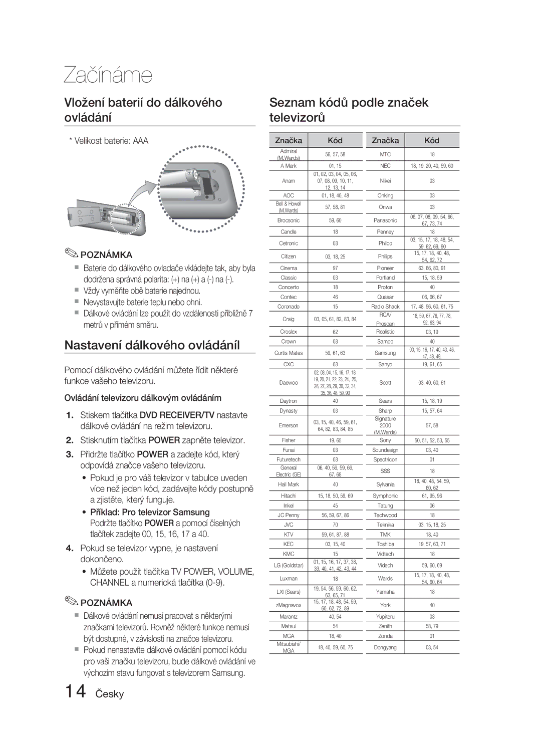 Samsung HT-C450N/EDC, HT-C453N/EDC manual Nastavení dálkového ovládáníl, 14 Česky, Velikost baterie AAA 