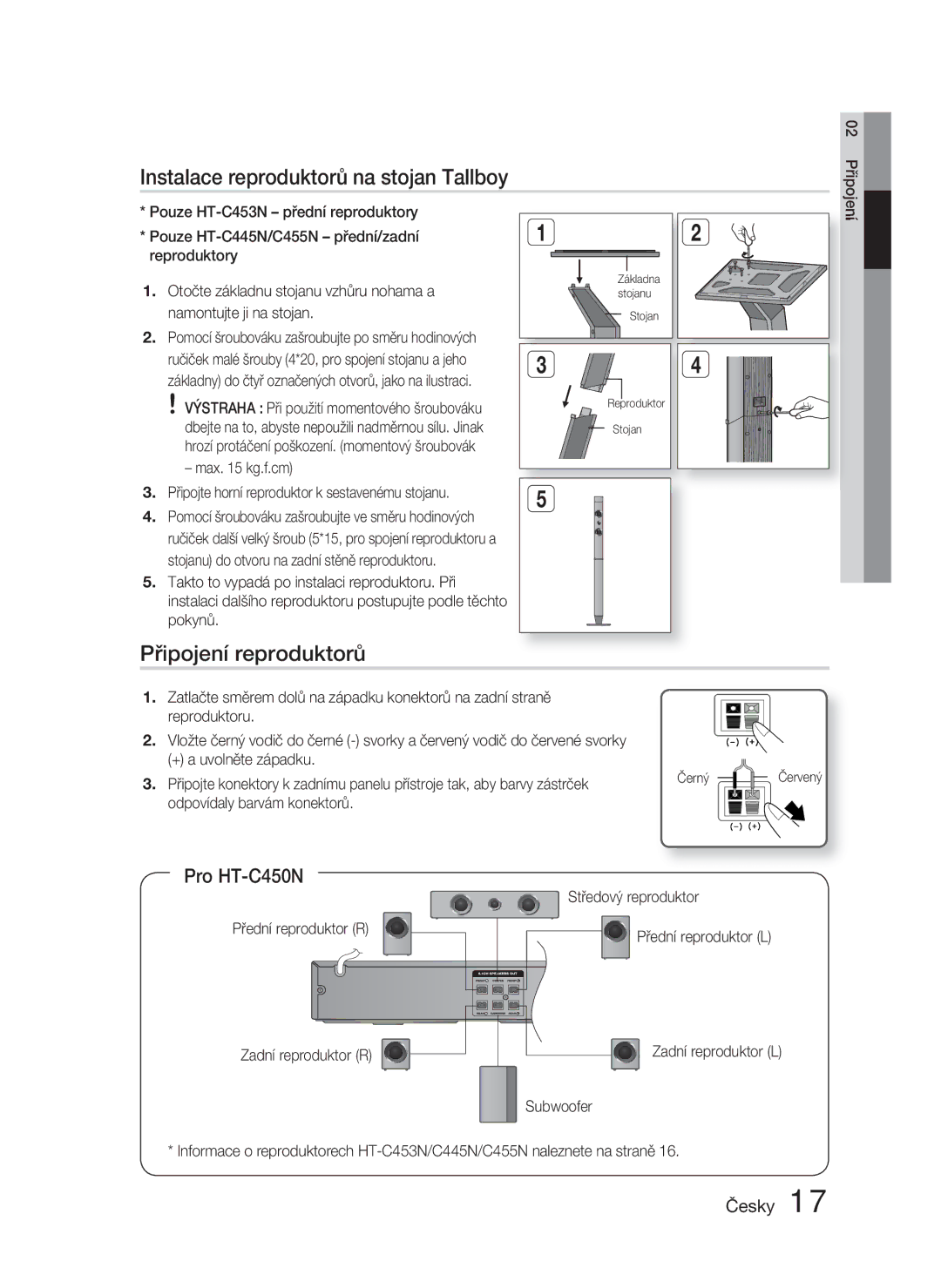 Samsung HT-C453N/EDC, HT-C450N/EDC manual Instalace reproduktorů na stojan Tallboy, Připojení reproduktorů, Pro HT-C450N 