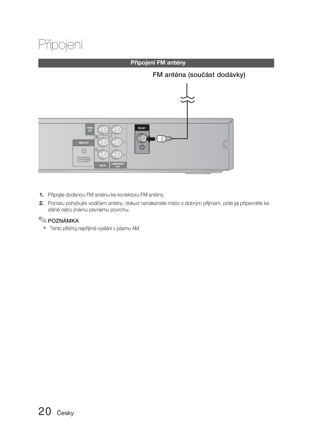 Samsung HT-C450N/EDC, HT-C453N/EDC manual FM anténa součást dodávky, Připojení FM antény, 20 Česky 