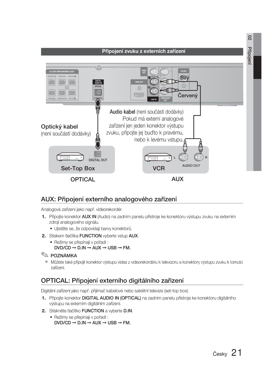 Samsung HT-C453N/EDC AUX Připojení externího analogového zařízení, Optical Připojení externího digitálního zařízení, Bílý 