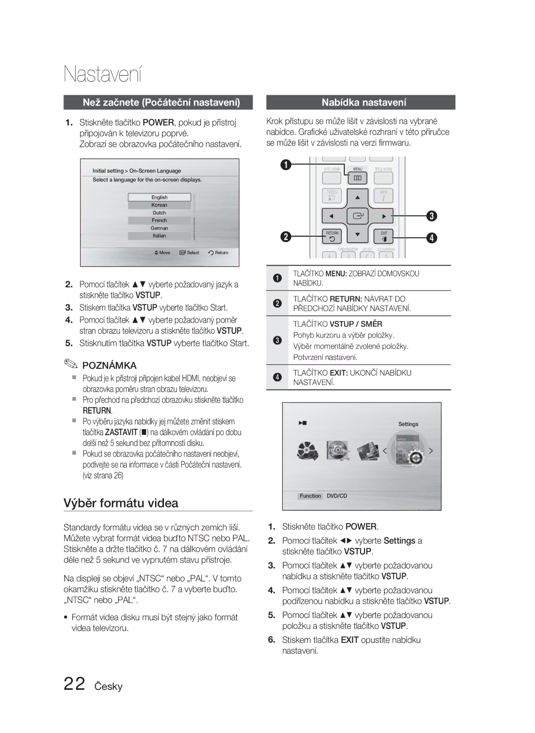 Samsung HT-C450N/EDC, HT-C453N/EDC manual Nastavení, Výběr formátu videa, Než začnete Počáteční nastavení, 22 Česky, Return 