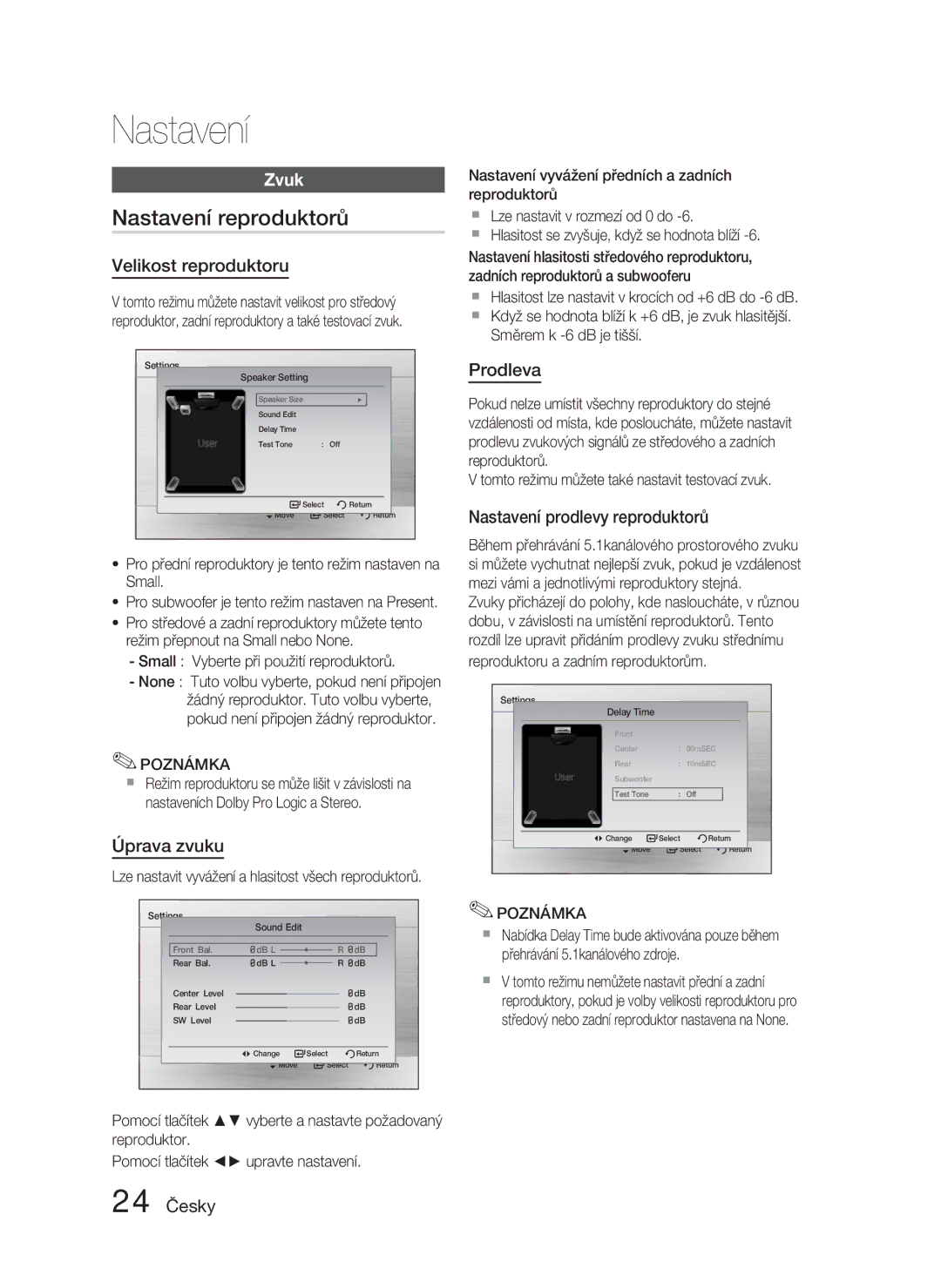 Samsung HT-C450N/EDC, HT-C453N/EDC manual Nastavení reproduktorů, Zvuk 