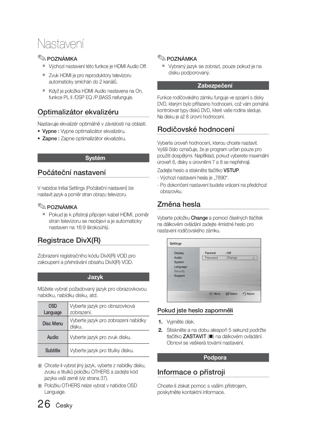 Samsung HT-C450N/EDC Optimalizátor ekvalizéru, Počáteční nastavení, Registrace DivXR, Rodičovské hodnocení, Změna hesla 