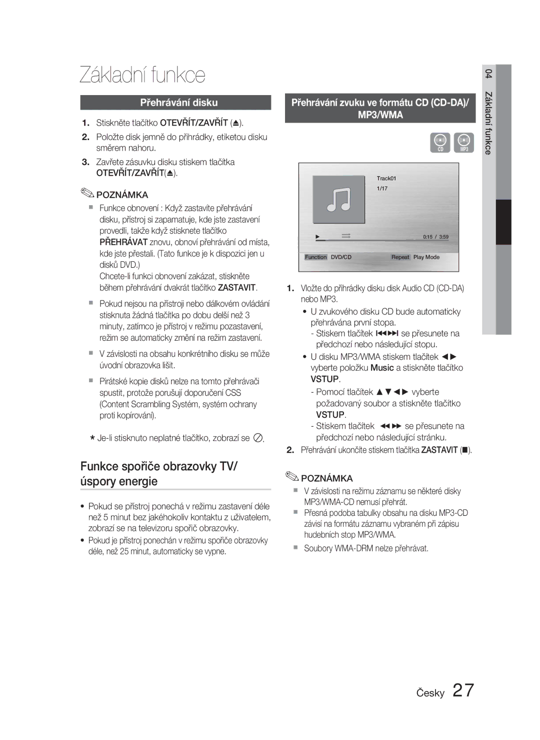 Samsung HT-C453N/EDC, HT-C450N/EDC manual Základní funkce, Funkce spořiče obrazovky TV/ úspory energie, Přehrávání disku 