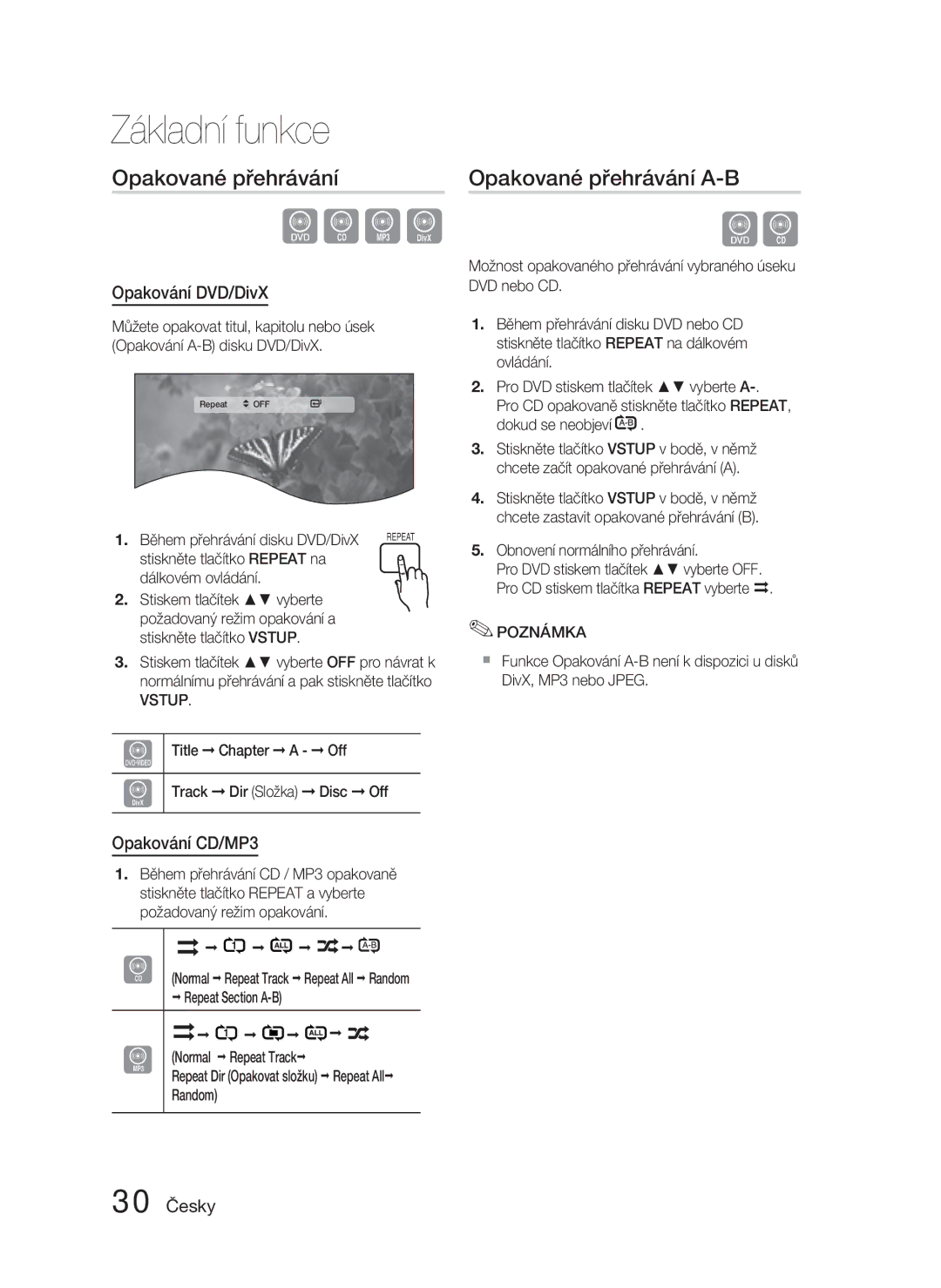 Samsung HT-C450N/EDC, HT-C453N/EDC manual Opakované přehrávání A-B, Opakování DVD/DivX, Opakování CD/MP3, 30 Česky 