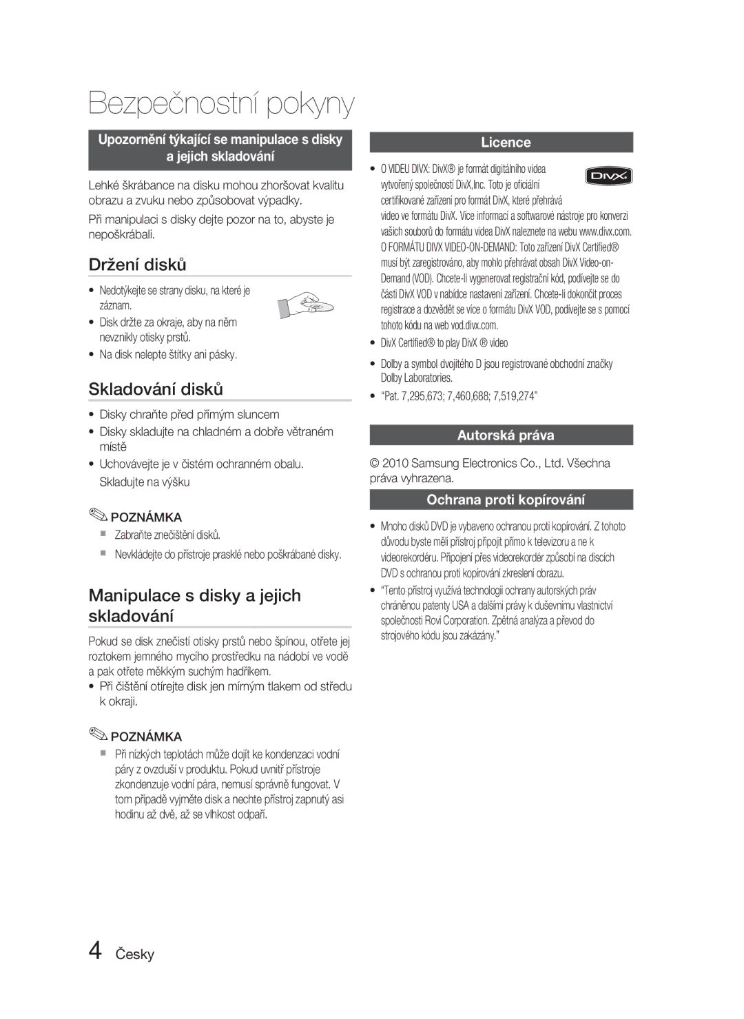 Samsung HT-C450N/EDC, HT-C453N/EDC manual Držení disků, Skladování disků, Manipulace s disky a jejich skladování 