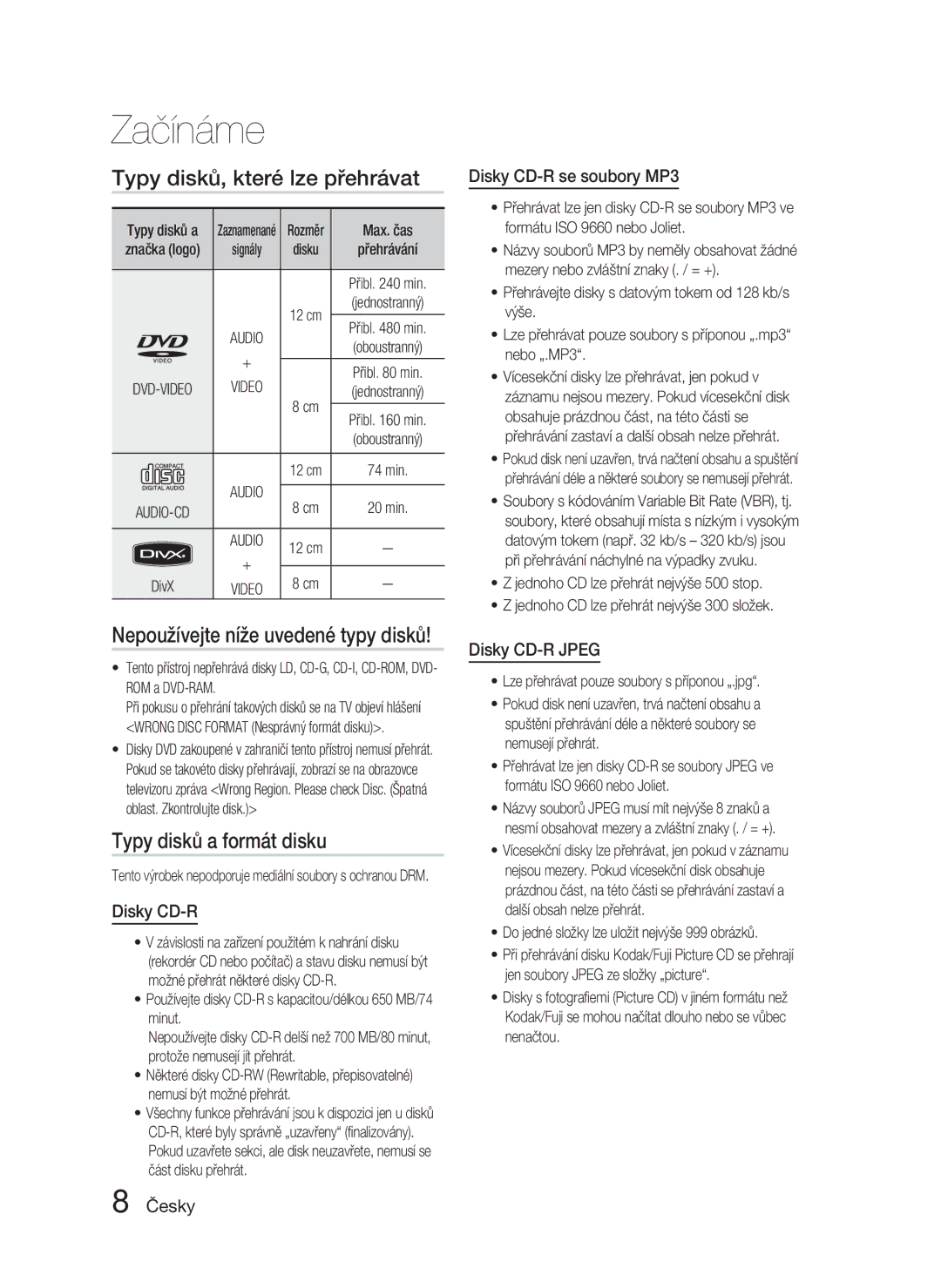 Samsung HT-C450N/EDC Typy disků, které lze přehrávat, Typy disků a formát disku, Nepoužívejte níže uvedené typy disků 