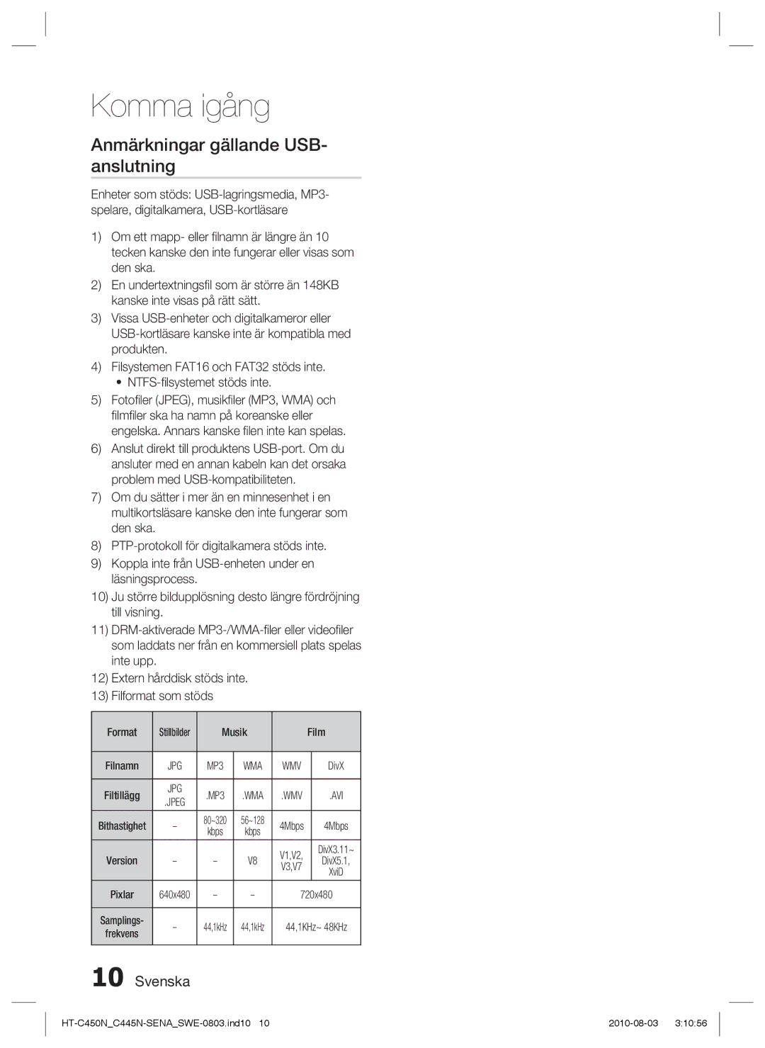 Samsung HT-C453/XEE, HT-C450N/XEE, HT-C445N/XEE, HT-C453N/XEE manual Anmärkningar gällande USB- anslutning, Avi 