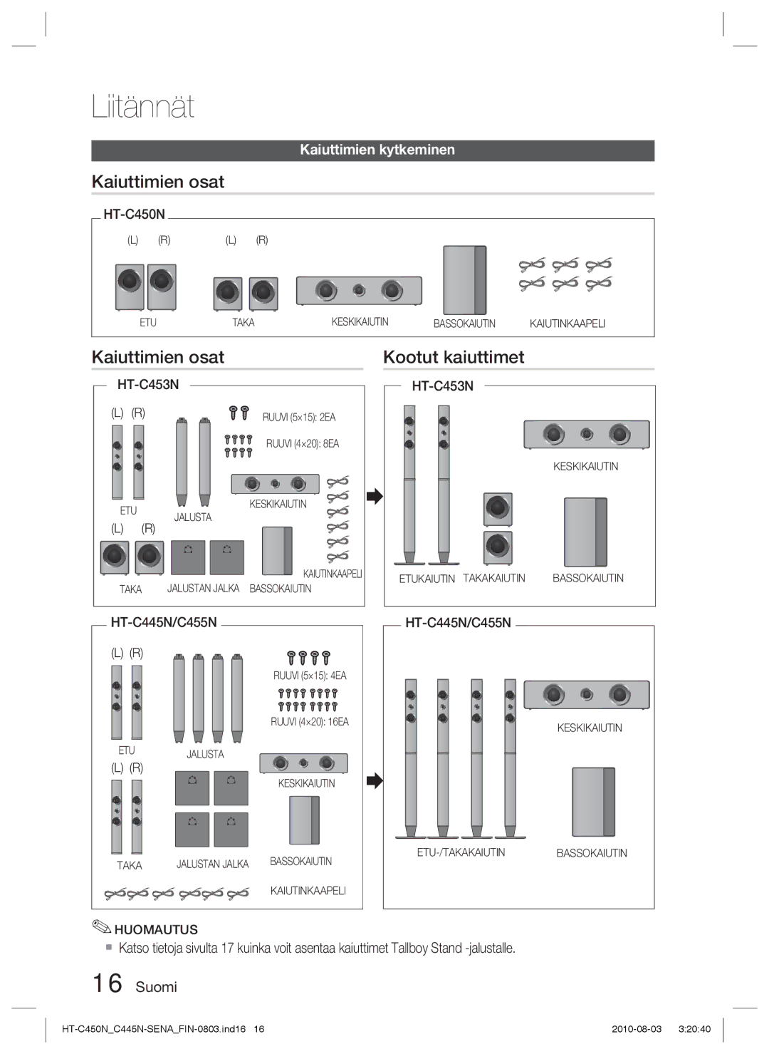 Samsung HT-C450N/XEE, HT-C445N/XEE, HT-C453/XEE manual Kaiuttimien osat Kootut kaiuttimet, HT-C453N, HT-C445N/C455N 