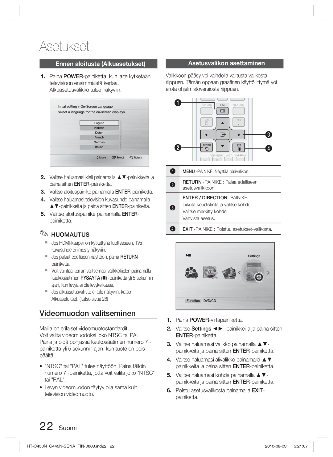 Samsung HT-C453/XEE, HT-C450N/XEE manual Videomuodon valitseminen, Ennen aloitusta Alkuasetukset, Asetusvalikon asettaminen 