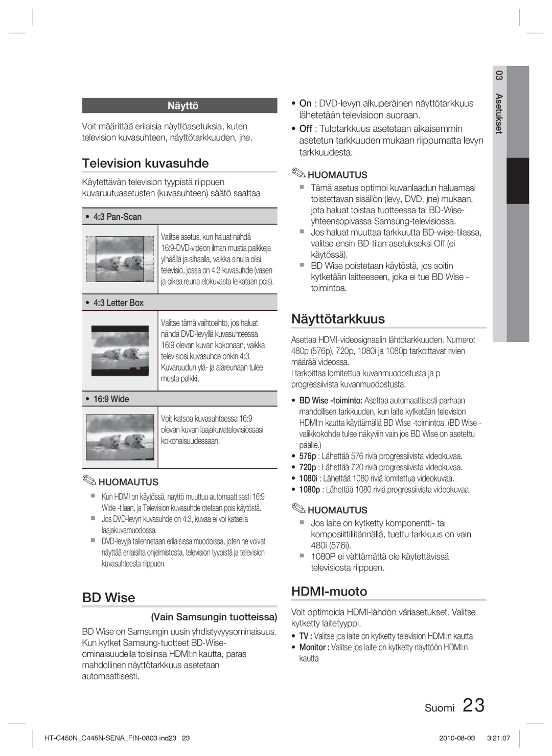 Samsung HT-C453N/XEE, HT-C450N/XEE, HT-C445N/XEE, HT-C453/XEE manual Television kuvasuhde, Näyttötarkkuus, BD Wise, HDMI-muoto 