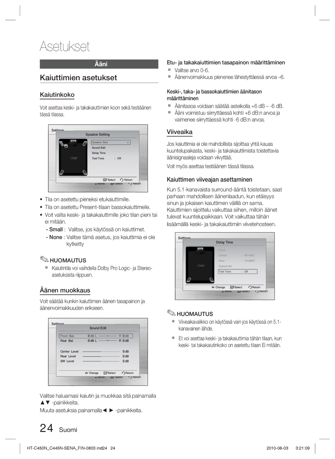 Samsung HT-C450N/XEE, HT-C445N/XEE, HT-C453/XEE, HT-C453N/XEE manual Kaiuttimien asetukset, Ääni 