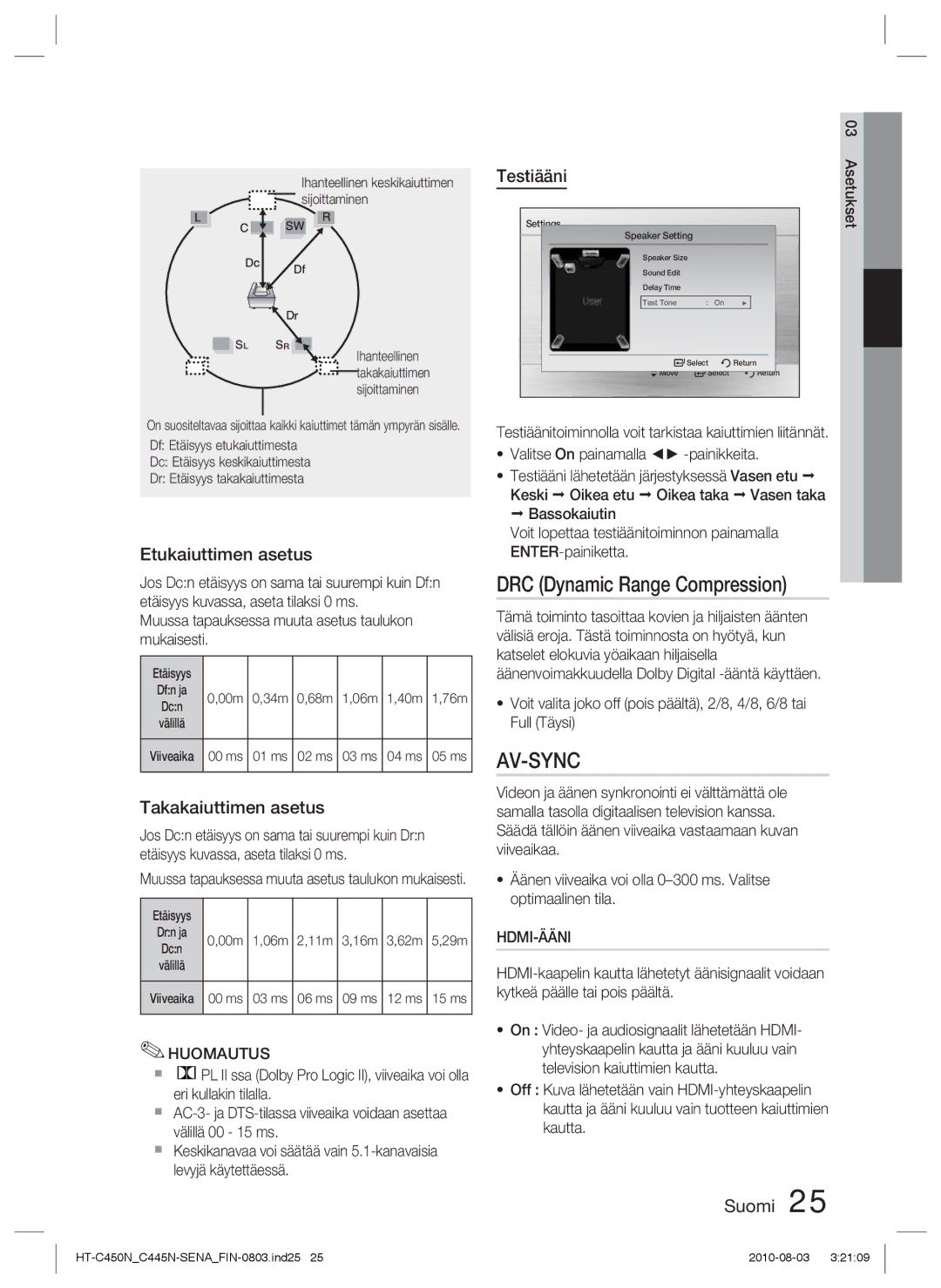 Samsung HT-C445N/XEE, HT-C450N/XEE DRC Dynamic Range Compression, Etukaiuttimen asetus, Takakaiuttimen asetus, Testiääni 