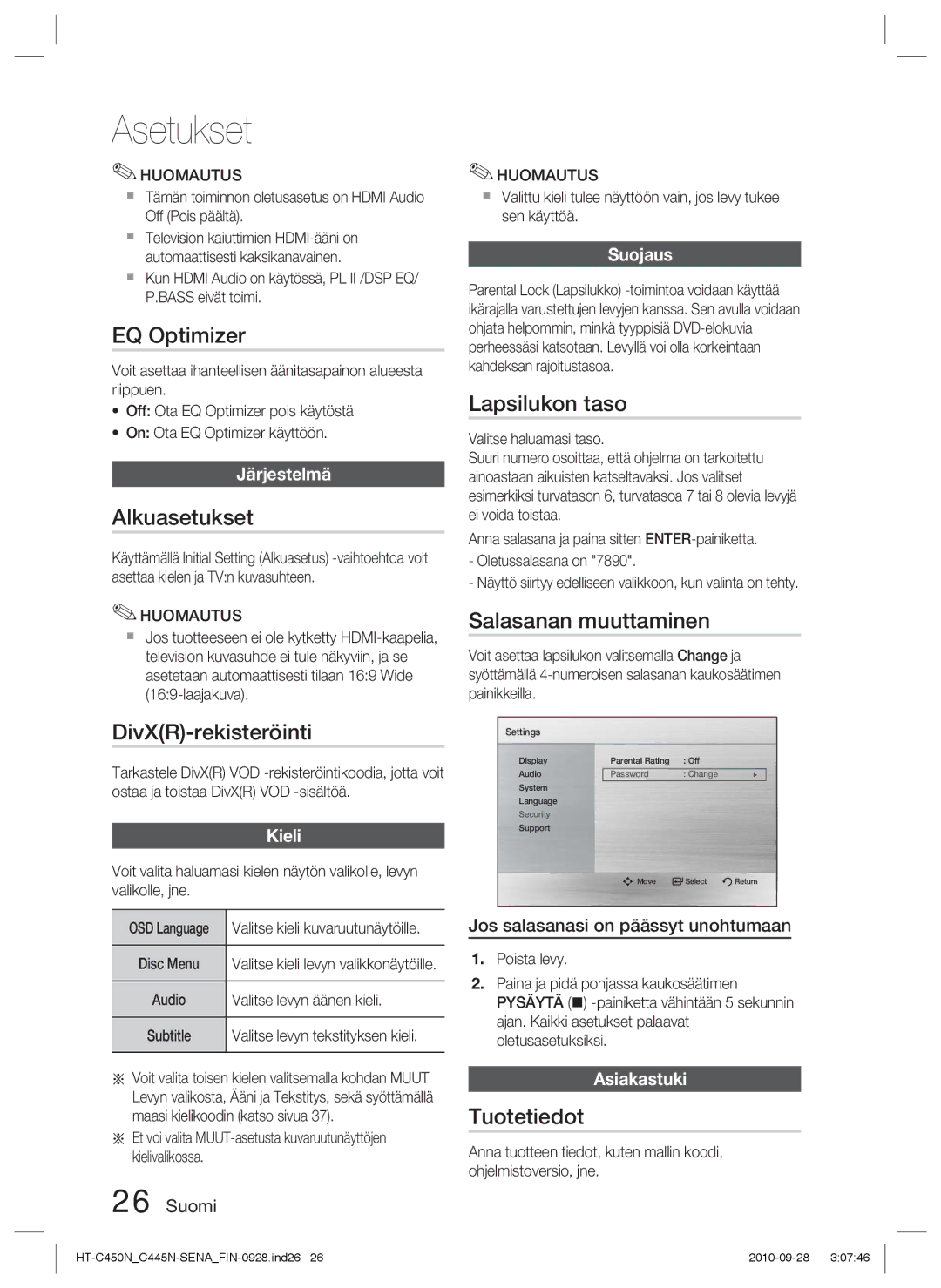 Samsung HT-C453/XEE EQ Optimizer, Alkuasetukset, DivXR-rekisteröinti, Lapsilukon taso, Salasanan muuttaminen, Tuotetiedot 