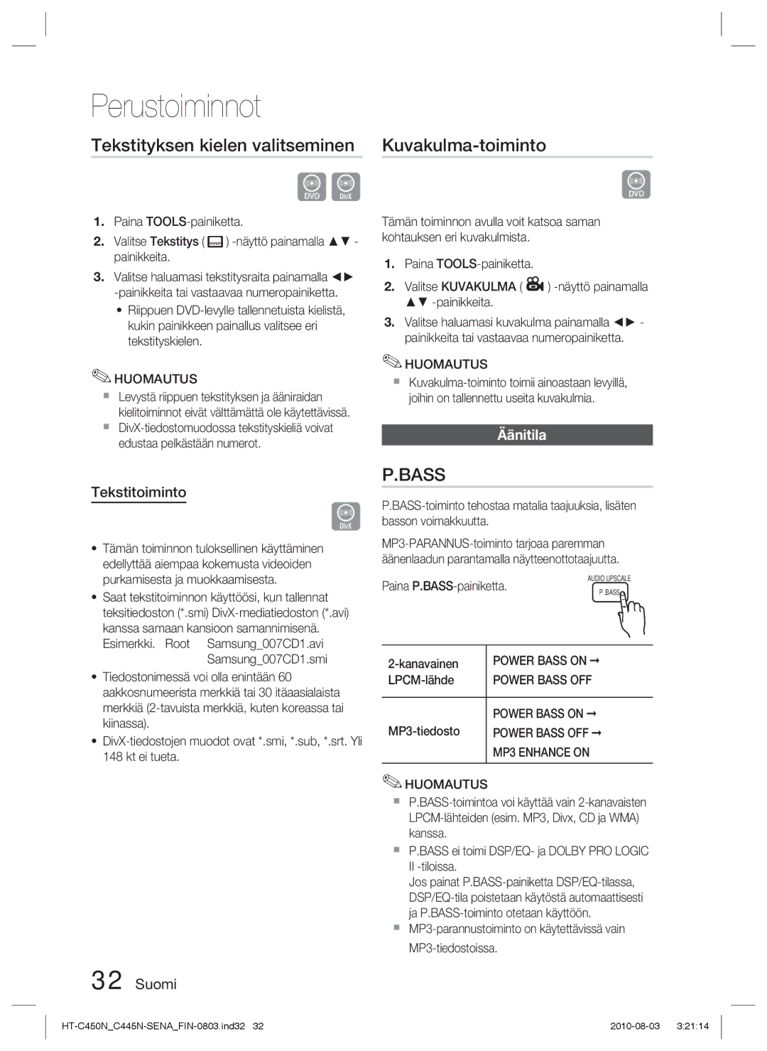 Samsung HT-C450N/XEE, HT-C445N/XEE manual Tekstityksen kielen valitseminen, Kuvakulma-toiminto, Äänitila, Tekstitoiminto 