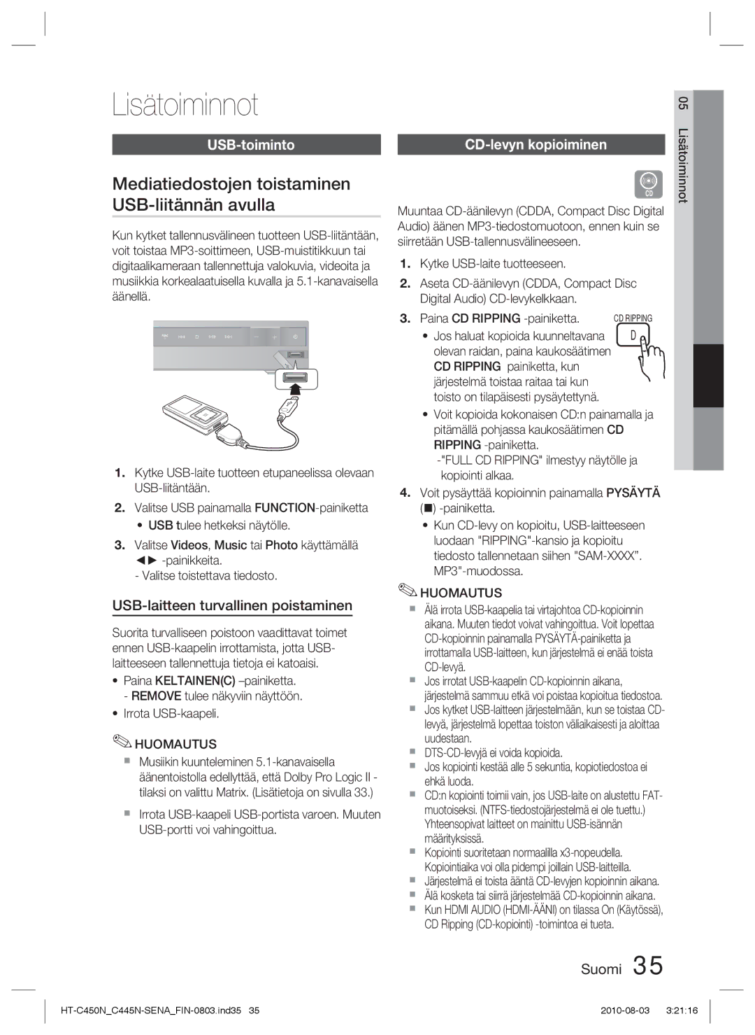 Samsung HT-C453N/XEE Mediatiedostojen toistaminen USB-liitännän avulla, USB-toiminto, USB-laitteen turvallinen poistaminen 