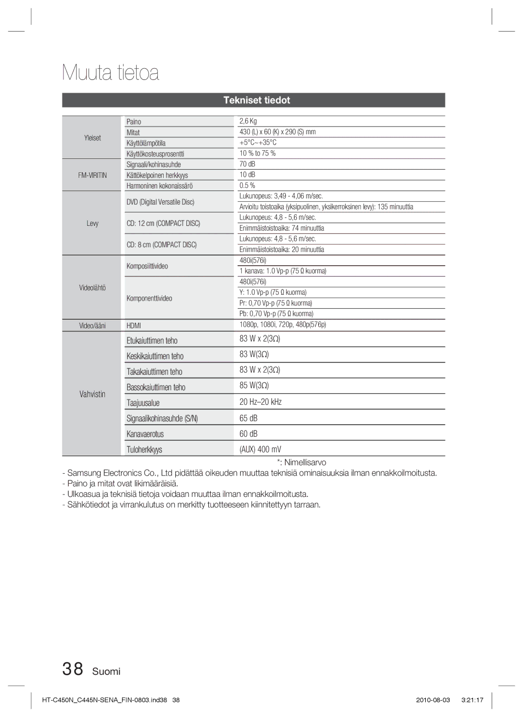 Samsung HT-C453/XEE, HT-C450N/XEE, HT-C445N/XEE, HT-C453N/XEE manual Tekniset tiedot, Lukunopeus 3,49 4,06 m/sec 