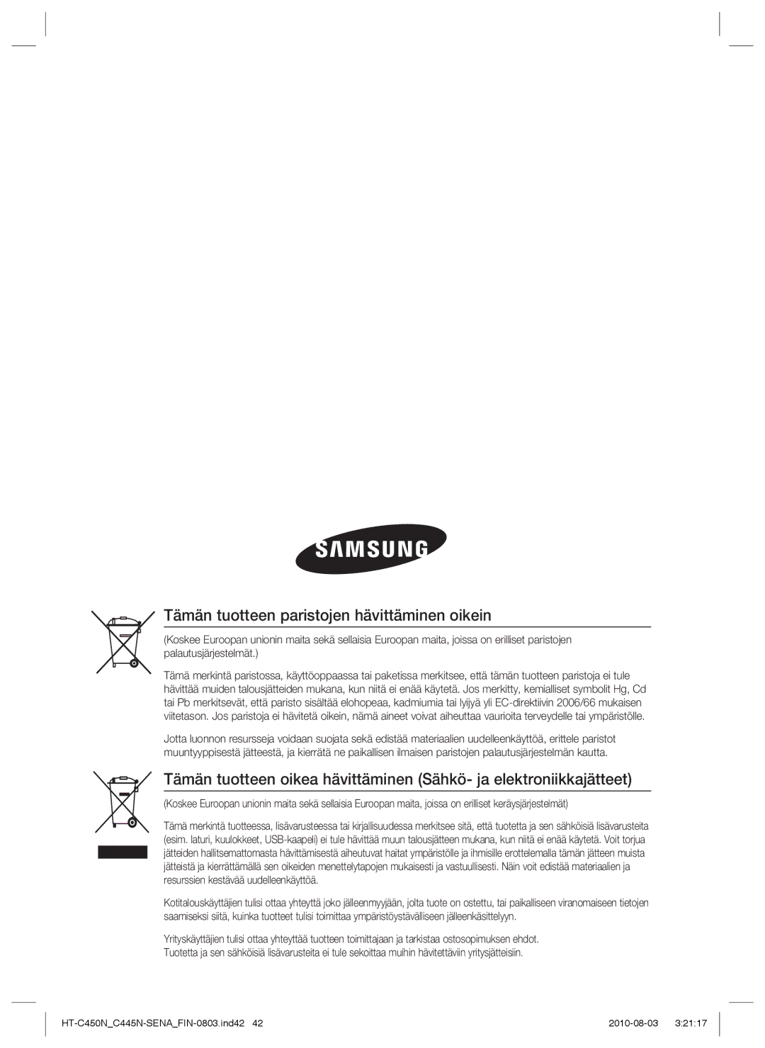 Samsung HT-C453/XEE, HT-C450N/XEE, HT-C445N/XEE, HT-C453N/XEE manual Tämän tuotteen paristojen hävittäminen oikein 