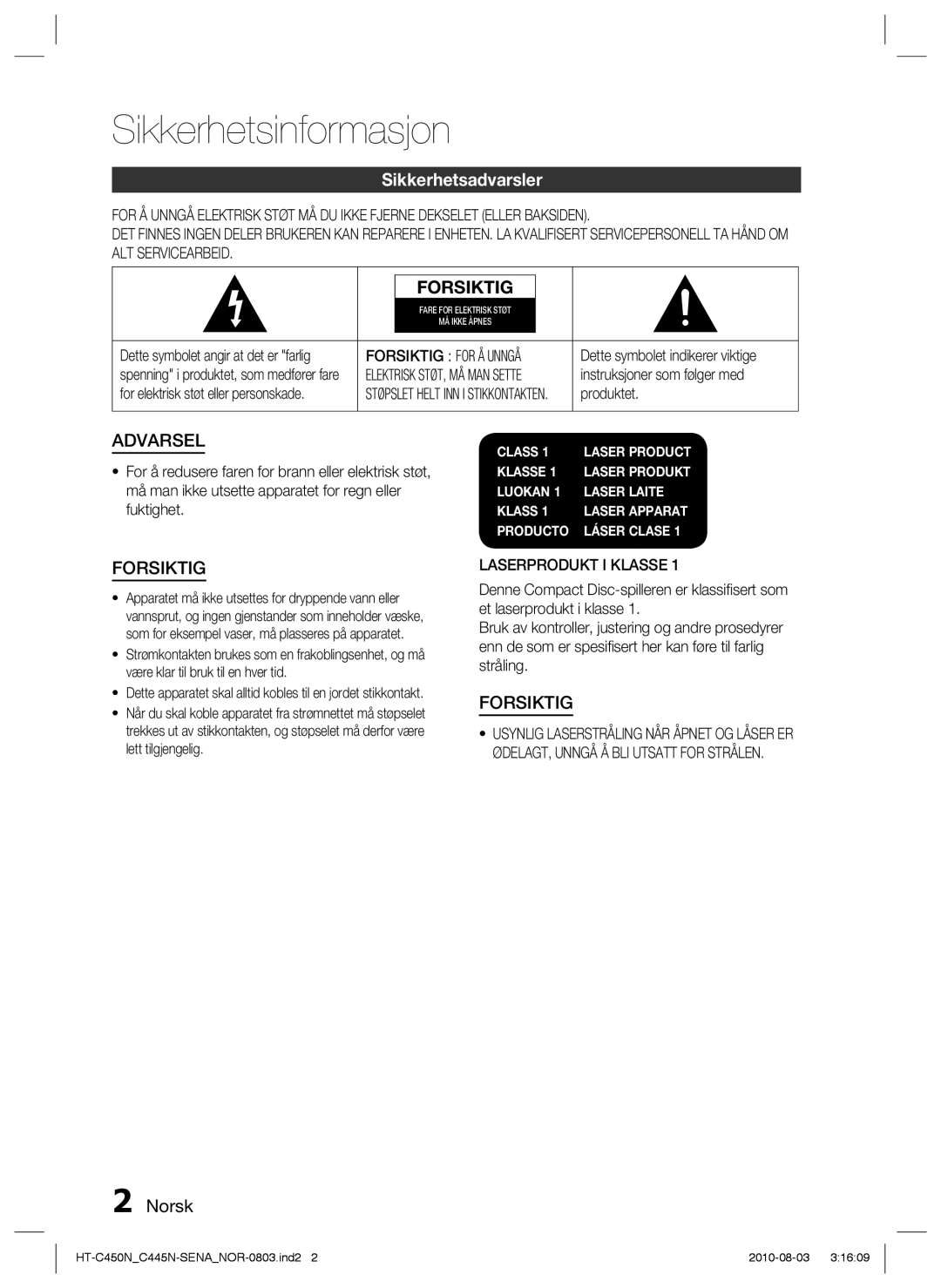 Samsung HT-C450N/XEE manual Sikkerhetsinformasjon, Sikkerhetsadvarsler, Norsk, Forsiktig for Å Unngå, Laserprodukt I Klasse 