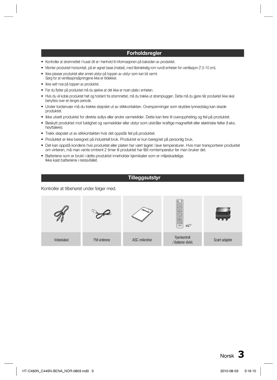 Samsung HT-C445N/XEE, HT-C450N/XEE, HT-C453/XEE, HT-C453N/XEE manual Tilleggsutstyr, Kontroller at tilbehøret under følger med 