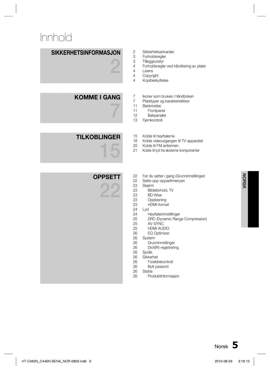 Samsung HT-C453N/XEE, HT-C450N/XEE, HT-C445N/XEE, HT-C453/XEE manual Innhold, Sikkerhetsinformasjon 