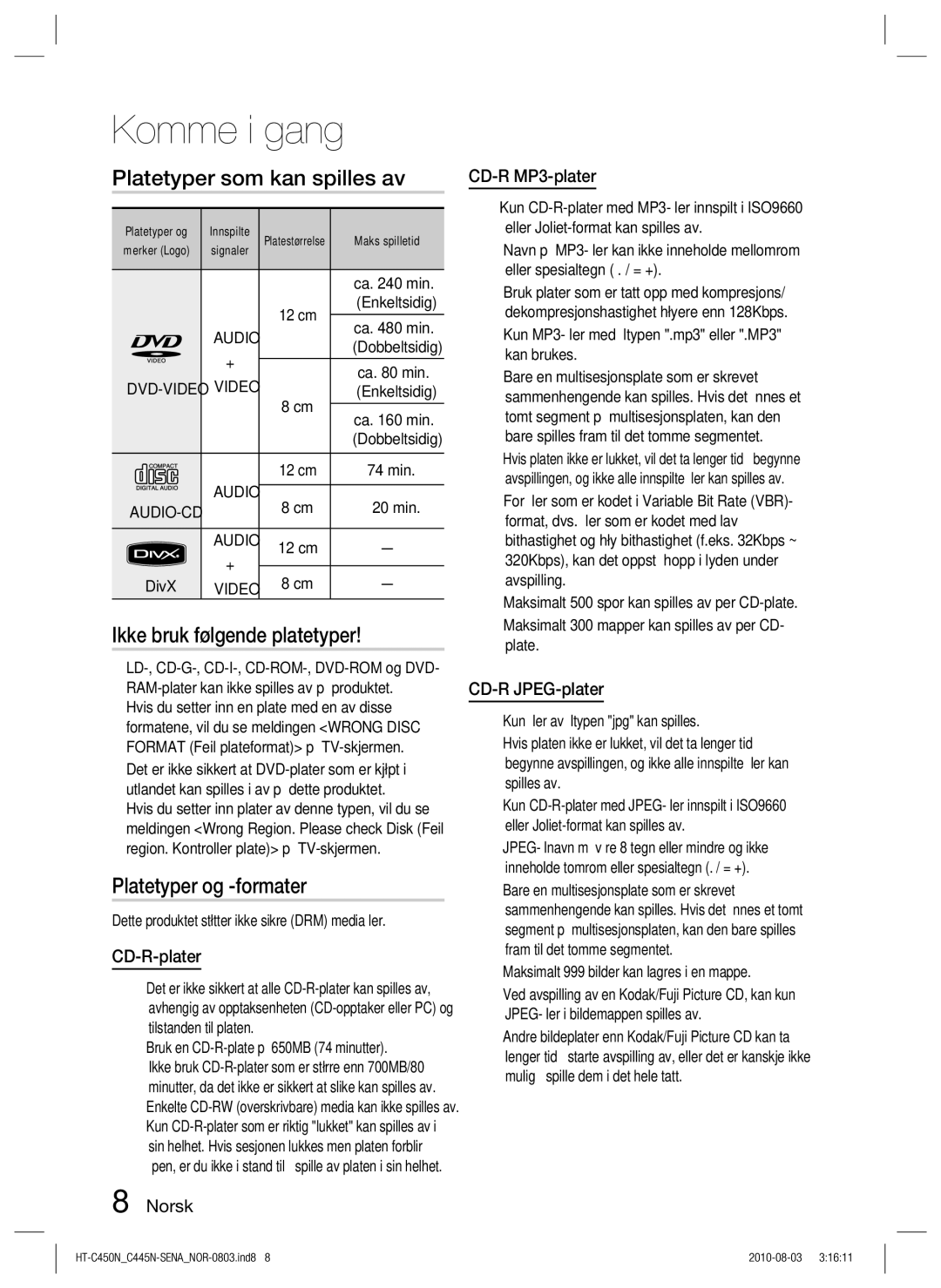 Samsung HT-C453/XEE, HT-C450N/XEE Platetyper som kan spilles av, Ikke bruk følgende platetyper, Platetyper og -formater 