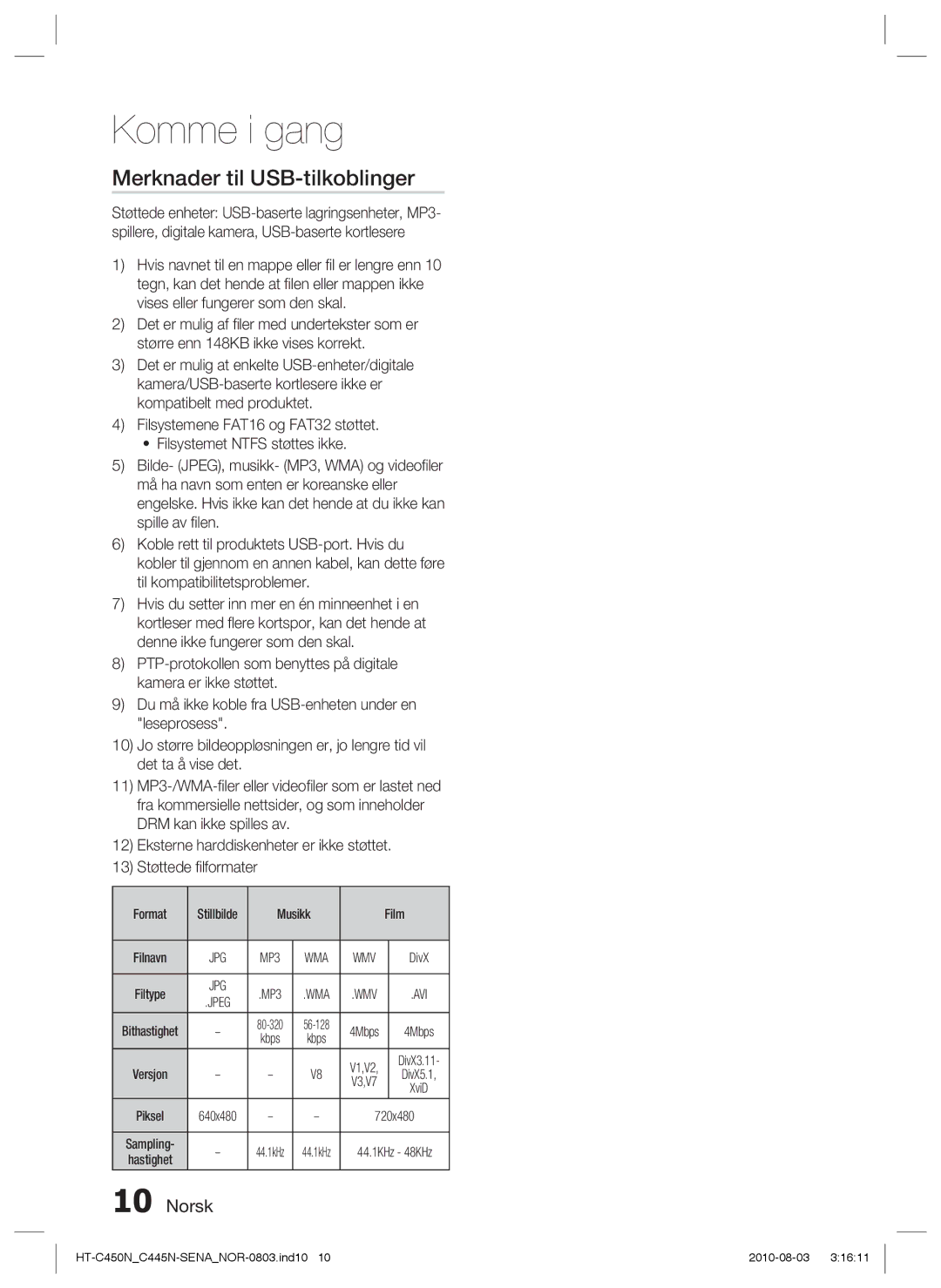 Samsung HT-C450N/XEE, HT-C445N/XEE, HT-C453/XEE, HT-C453N/XEE manual Merknader til USB-tilkoblinger 