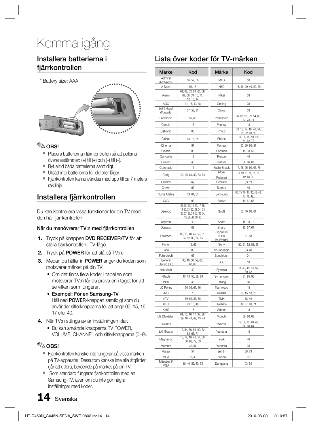 Samsung HT-C453/XEE, HT-C450N/XEE, HT-C445N/XEE, HT-C453N/XEE manual Installera fjärrkontrollen, Battery size AAA OBS 