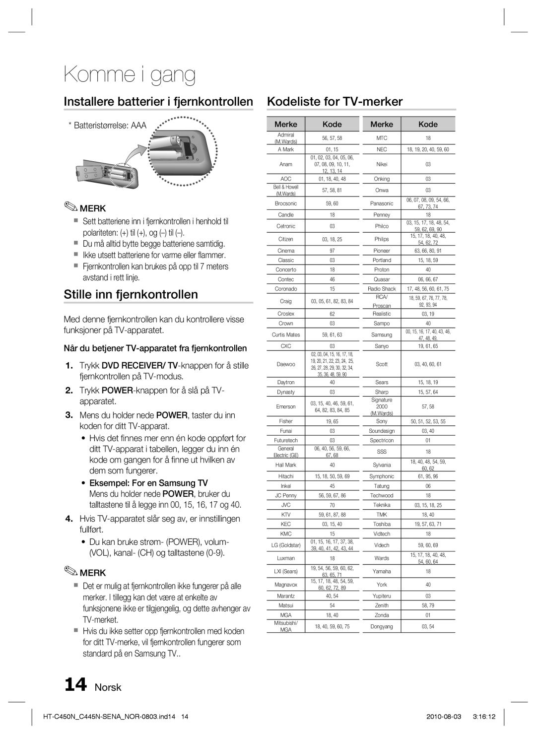 Samsung HT-C450N/XEE, HT-C445N/XEE Stille inn fjernkontrollen, Hvis TV-apparatet slår seg av, er innstillingen fullført 