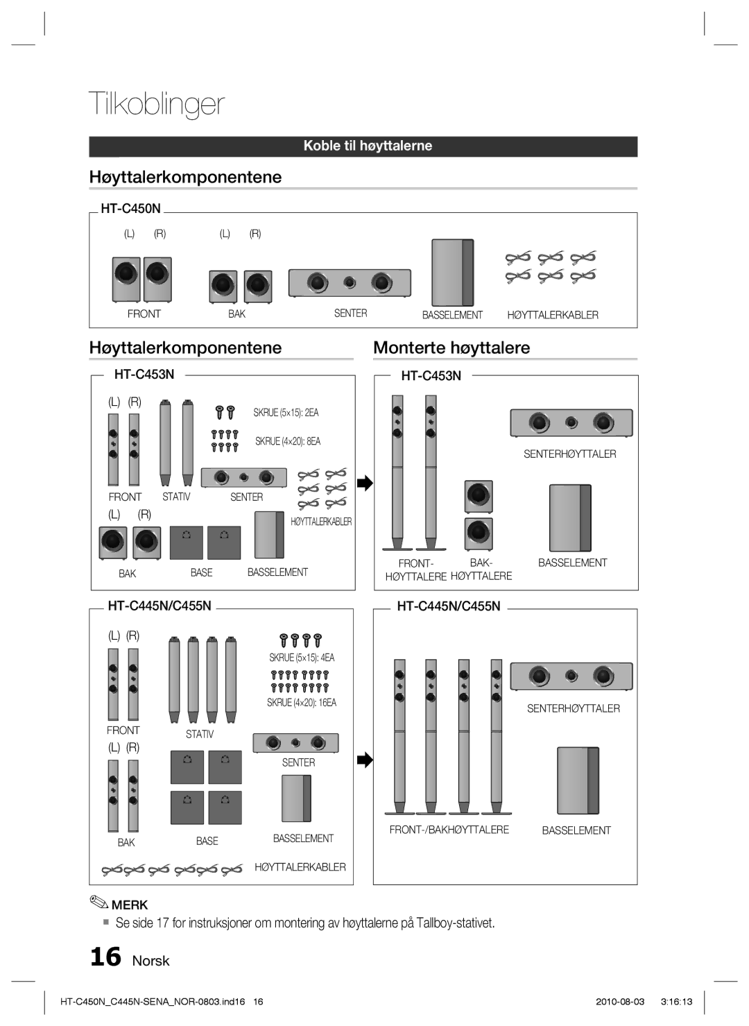 Samsung HT-C453/XEE, HT-C450N/XEE, HT-C445N/XEE, HT-C453N/XEE manual Høyttalerkomponentene Monterte høyttalere 