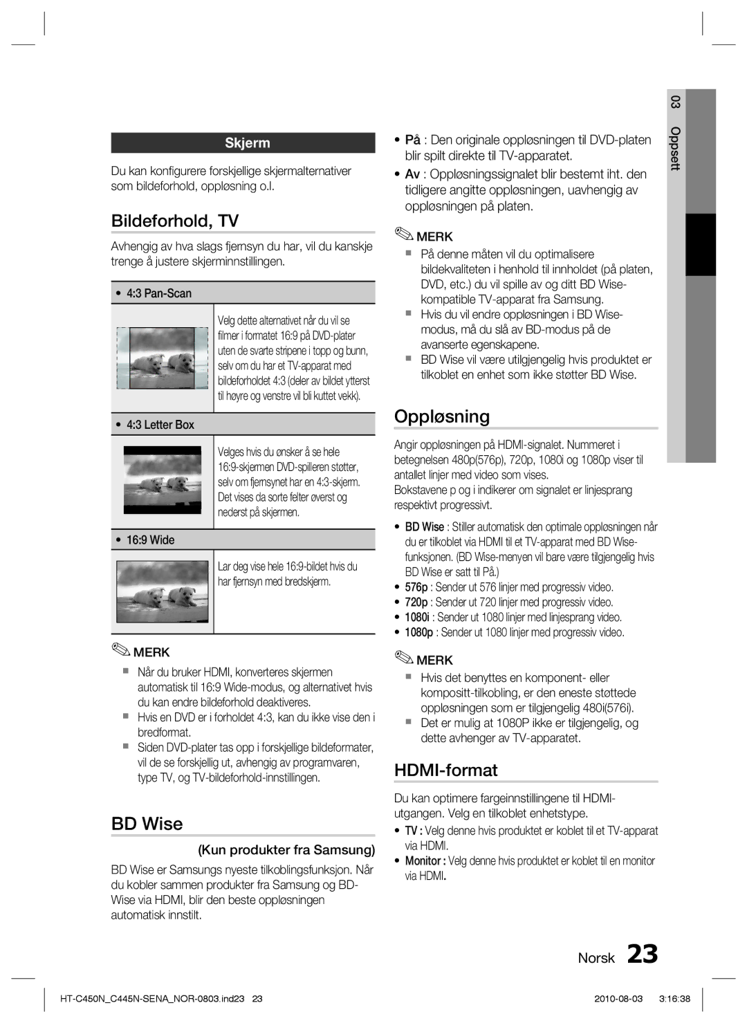 Samsung HT-C445N/XEE, HT-C450N/XEE, HT-C453/XEE, HT-C453N/XEE manual Bildeforhold, TV, Oppløsning, Skjerm 