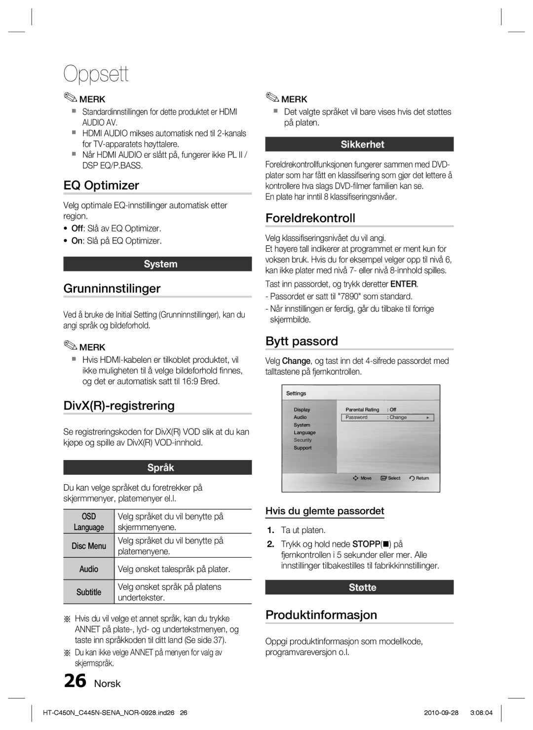 Samsung HT-C450N/XEE, HT-C445N/XEE, HT-C453/XEE manual Grunninnstilinger, Foreldrekontroll, Bytt passord, Produktinformasjon 