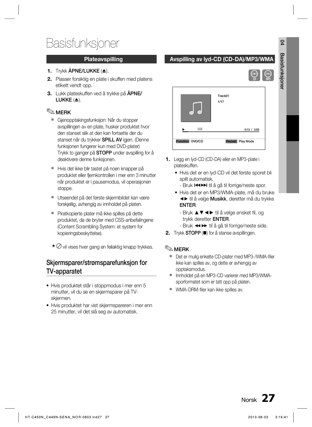 Samsung HT-C445N/XEE, HT-C450N/XEE manual Basisfunksjoner, Skjermsparer/strømsparefunksjon for TV-apparatet, Plateavspilling 