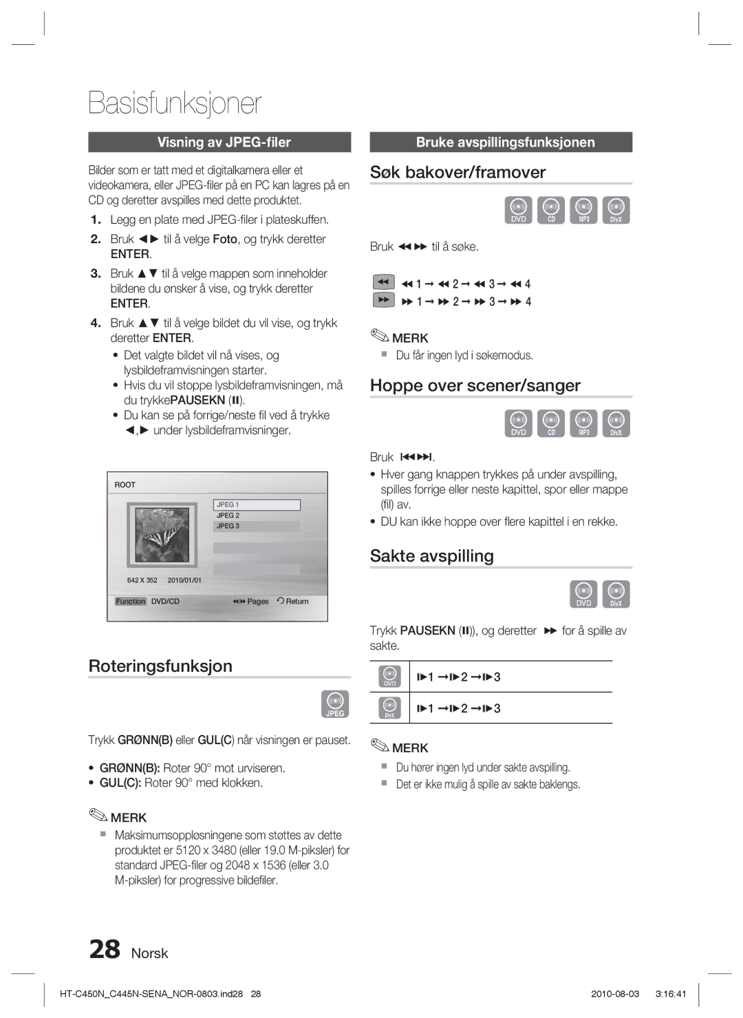 Samsung HT-C453/XEE, HT-C450N/XEE manual Roteringsfunksjon, Søk bakover/framover, Hoppe over scener/sanger, Sakte avspilling 