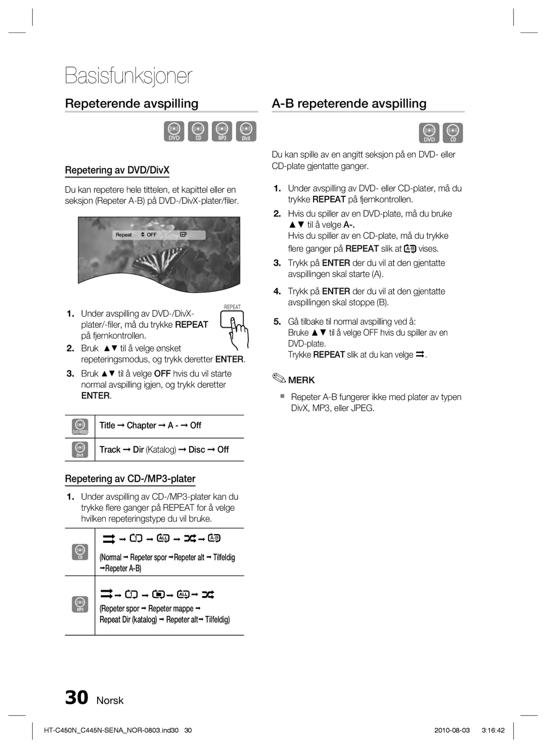 Samsung HT-C450N/XEE, HT-C445N/XEE manual Repeterende avspilling, Repetering av DVD/DivX, Repetering av CD-/MP3-plater 