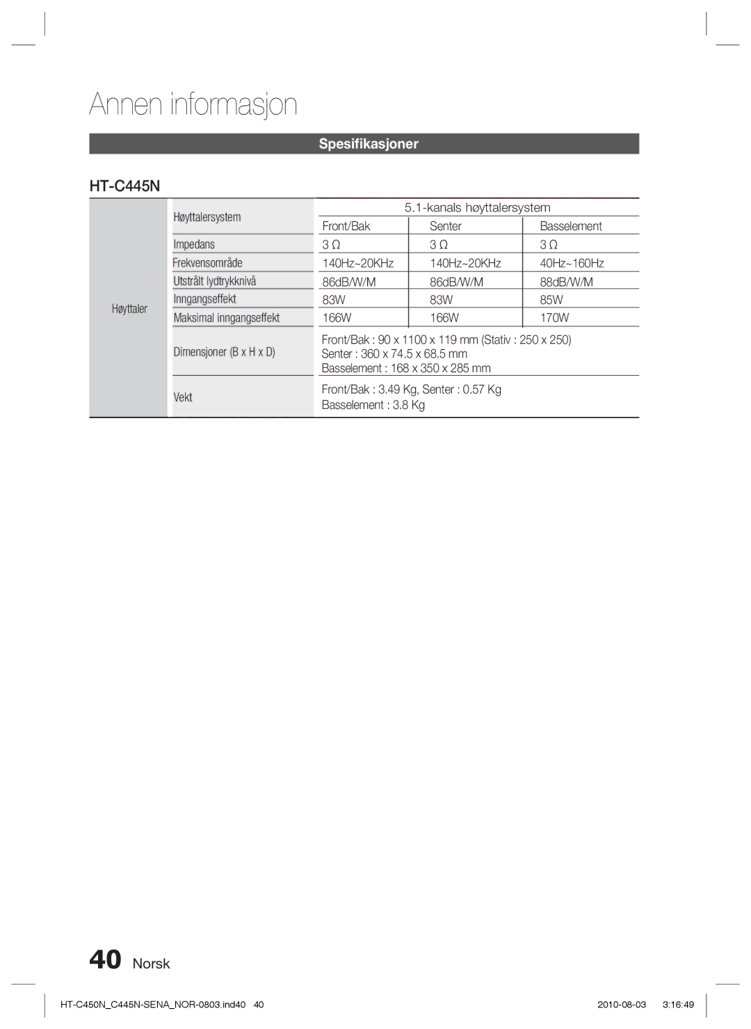 Samsung HT-C453/XEE, HT-C450N/XEE, HT-C445N/XEE, HT-C453N/XEE manual HT-C450NC445N-SENANOR-0803.ind40 2010-08-03 