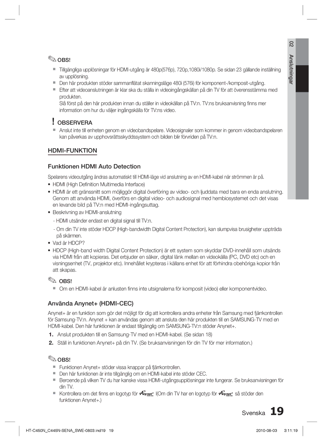 Samsung HT-C453N/XEE, HT-C450N/XEE, HT-C445N/XEE, HT-C453/XEE manual Funktionen Hdmi Auto Detection, Använda Anynet+ HDMI-CEC 