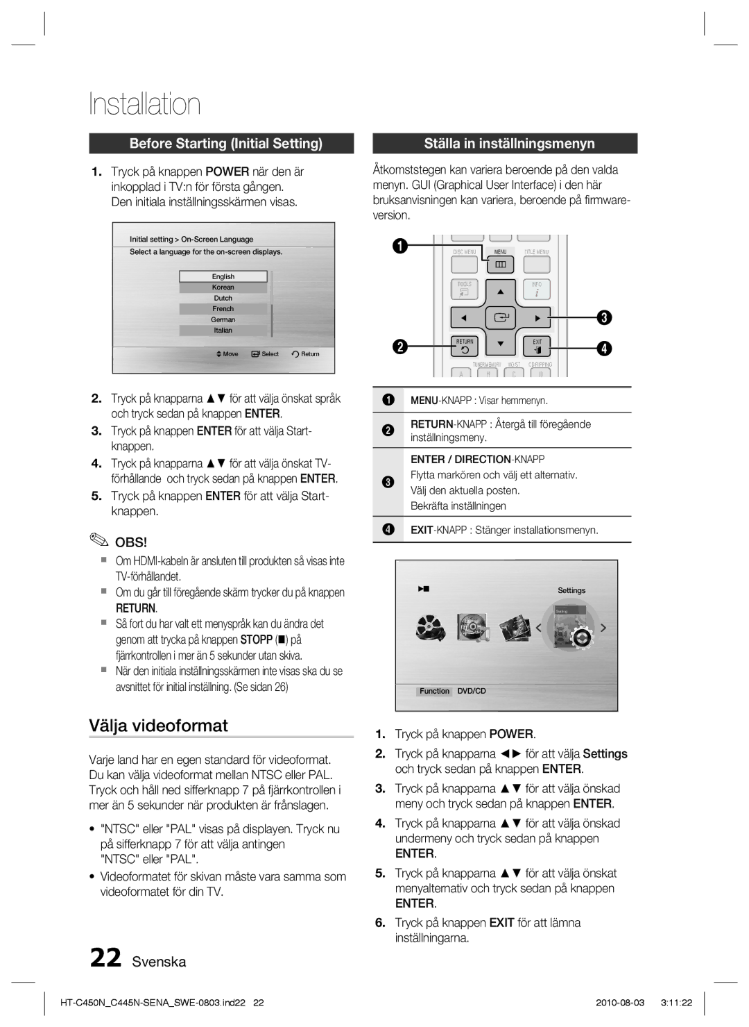 Samsung HT-C453/XEE manual Installation, Välja videoformat, Before Starting Initial Setting, Ställa in inställningsmenyn 