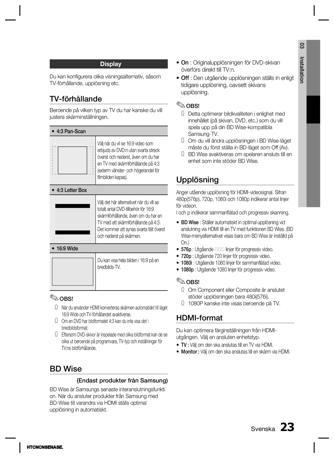 Samsung HT-C453N/XEE, HT-C450N/XEE, HT-C445N/XEE, HT-C453/XEE manual TV-förhållande, Upplösning, HDMI-format, BD Wise, Display 