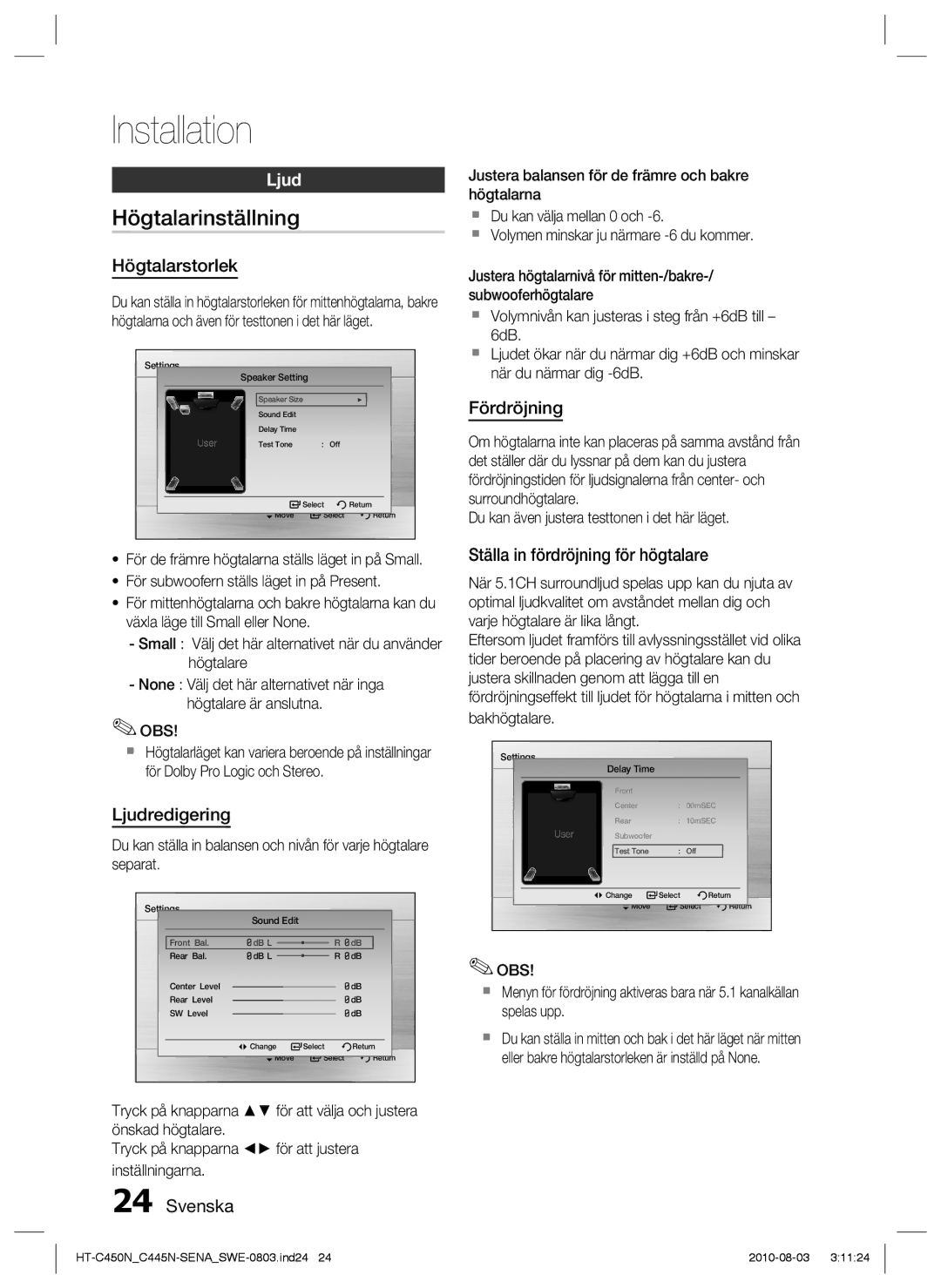 Samsung HT-C450N/XEE, HT-C445N/XEE, HT-C453/XEE, HT-C453N/XEE manual Högtalarinställning, Ljud 