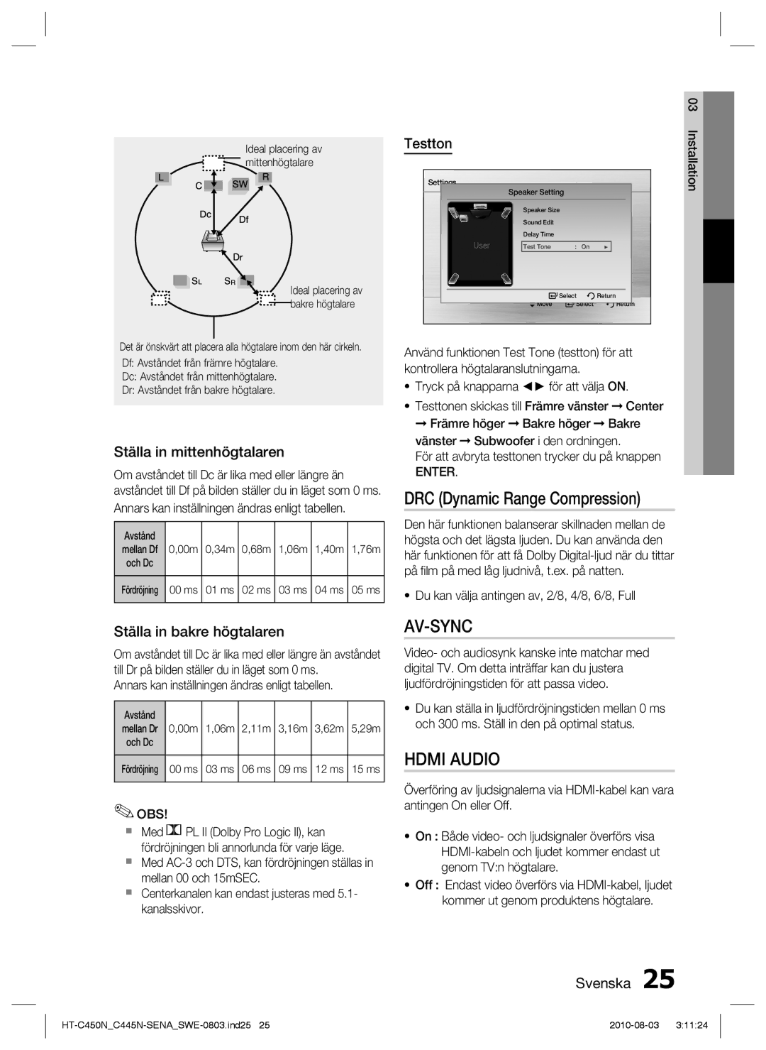 Samsung HT-C445N/XEE manual DRC Dynamic Range Compression, Ställa in mittenhögtalaren, Ställa in bakre högtalaren, Testton 