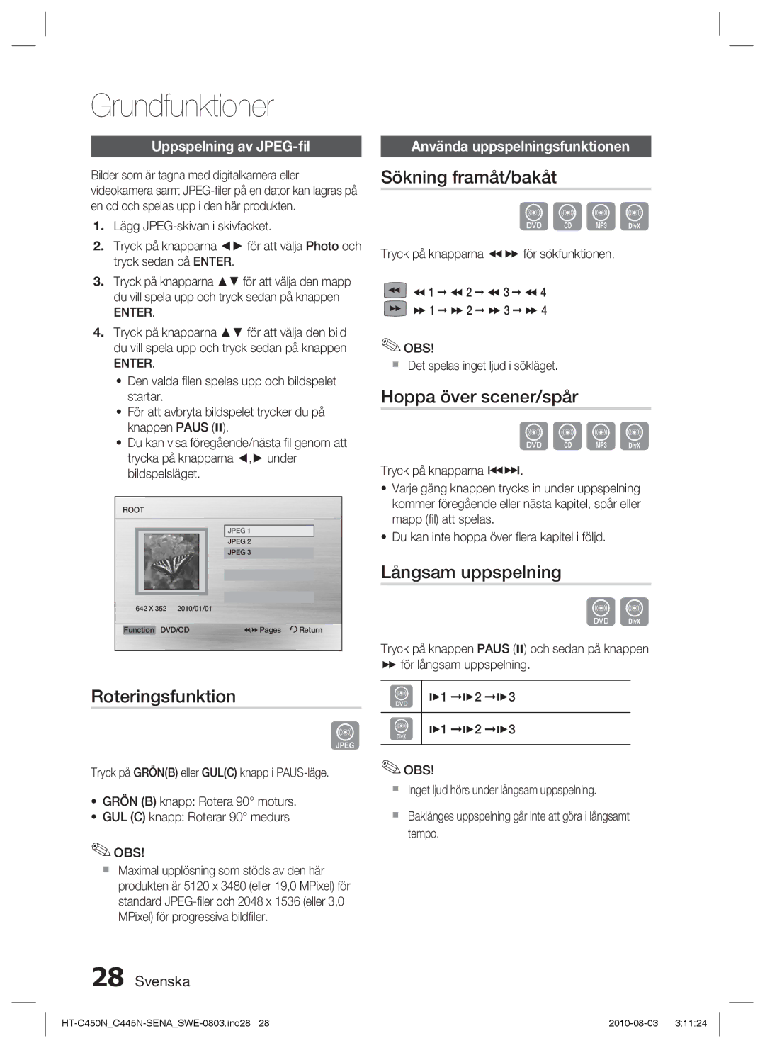 Samsung HT-C450N/XEE, HT-C445N/XEE Roteringsfunktion, Sökning framåt/bakåt, Hoppa över scener/spår, Långsam uppspelning 