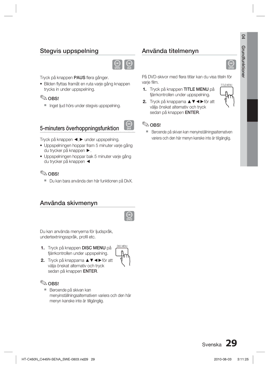 Samsung HT-C445N/XEE manual Stegvis uppspelning, Använda titelmenyn, Använda skivmenyn, Tryck på knappen Disc Menu på 