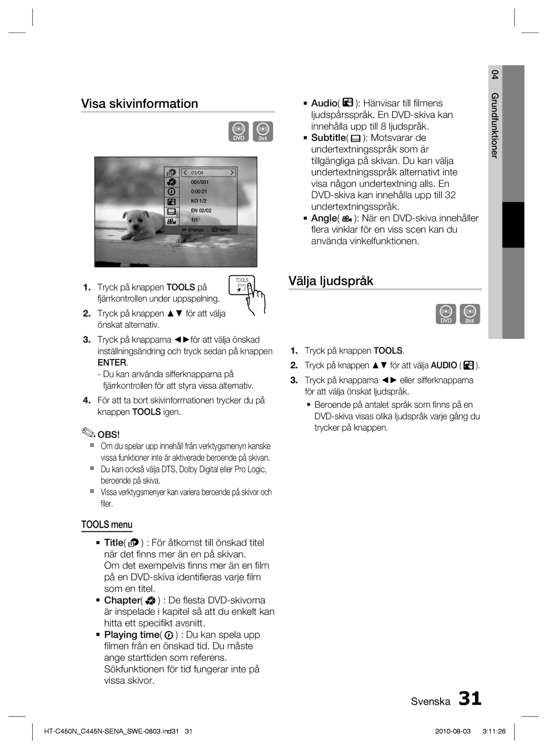 Samsung HT-C453N/XEE Visa skivinformation, Välja ljudspråk, Tools menu, Tryck på knappen för att välja önskat alternativ 