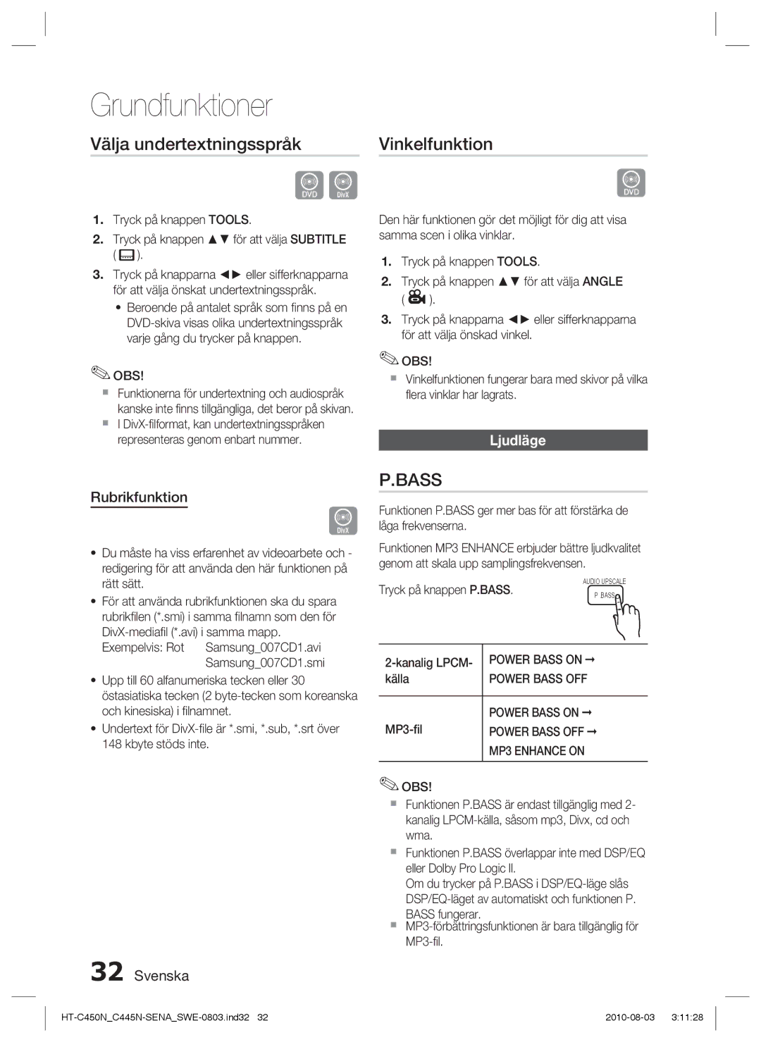 Samsung HT-C450N/XEE, HT-C445N/XEE, HT-C453/XEE manual Välja undertextningsspråk, Vinkelfunktion, Ljudläge, Rubrikfunktion 