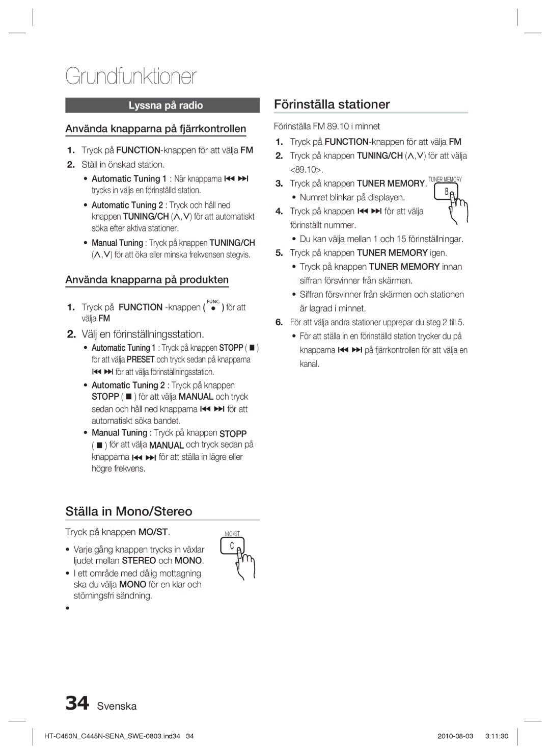 Samsung HT-C453/XEE manual Förinställa stationer, Ställa in Mono/Stereo, Välj en förinställningsstation, Lyssna på radio 