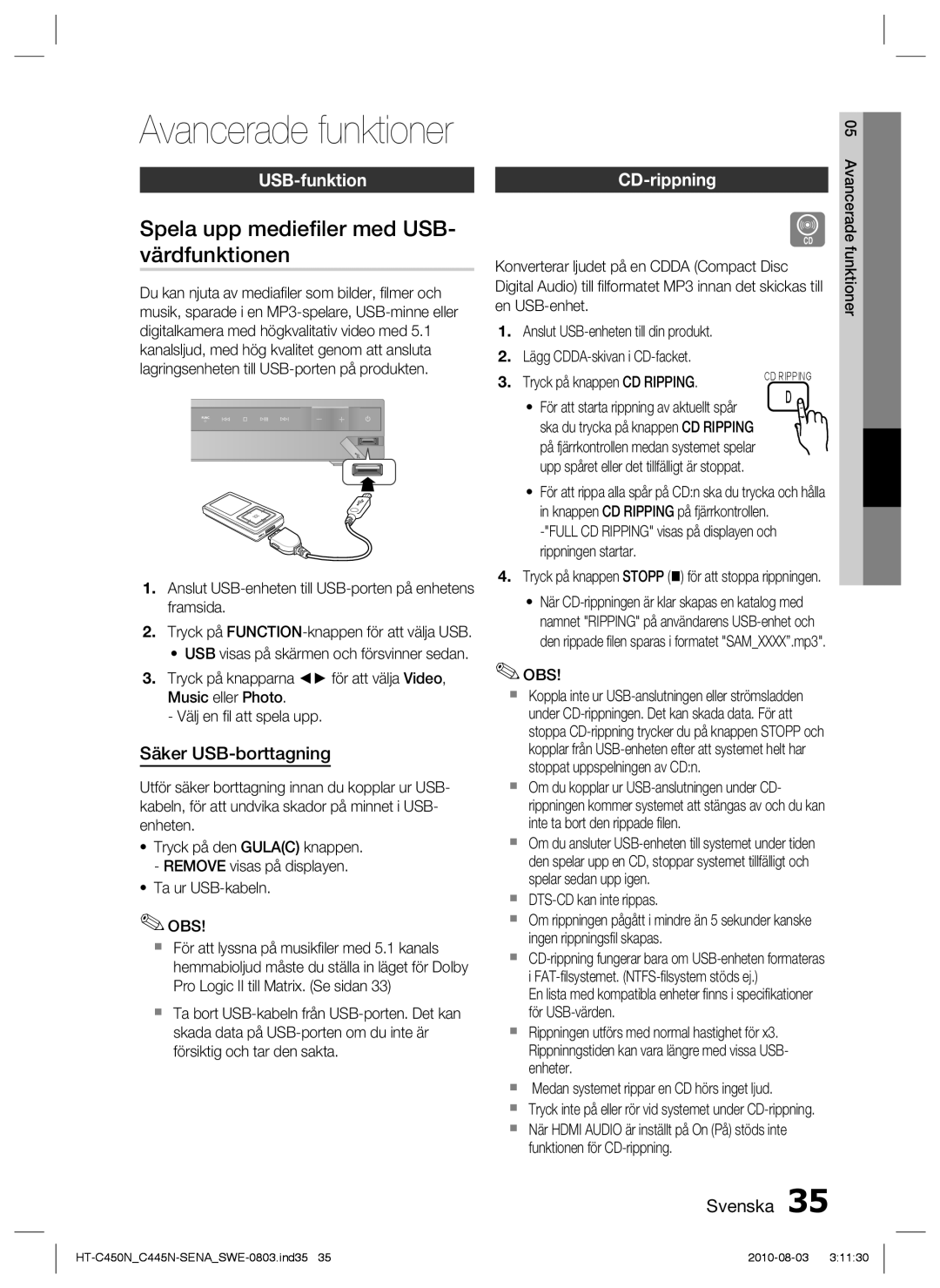 Samsung HT-C453N/XEE manual Spela upp medieﬁler med USB- värdfunktionen, USB-funktion, Säker USB-borttagning, CD-rippning 