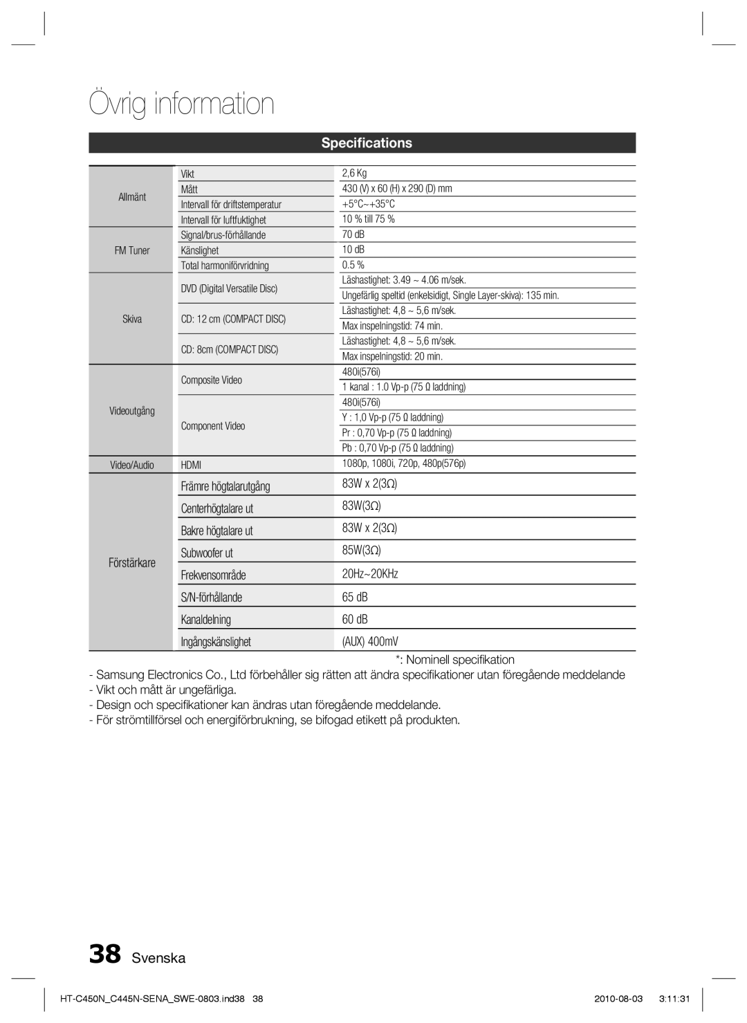 Samsung HT-C453/XEE manual Speciﬁcations, Förstärkare Främre högtalarutgång, Centerhögtalare ut 83W3 Bakre högtalare ut 